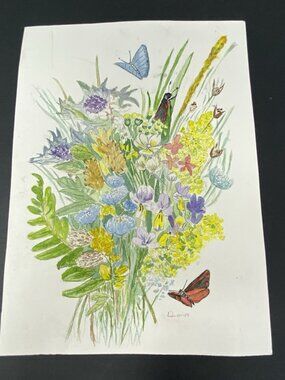 Watercolor Painting Bouquet Of Flowers Butterflies Cricket Signed by Artist 13x9